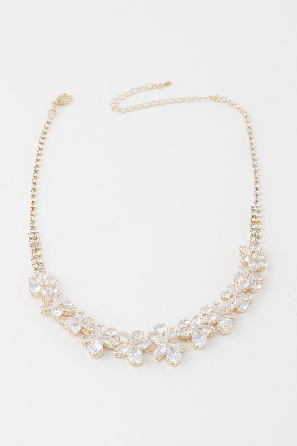 Gold clear double crystal flower charm necklace with layered crystal flower links