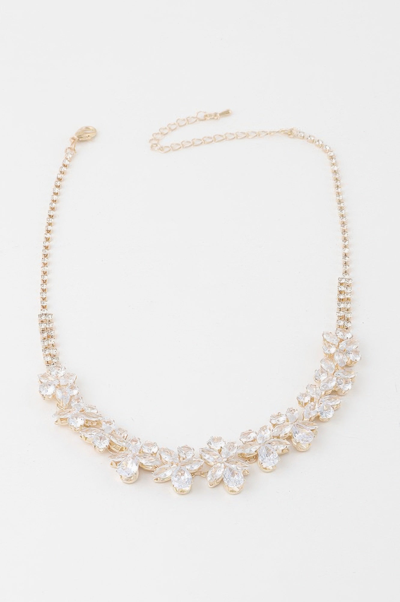 Gold clear double crystal flower charm necklace with layered crystal flower links