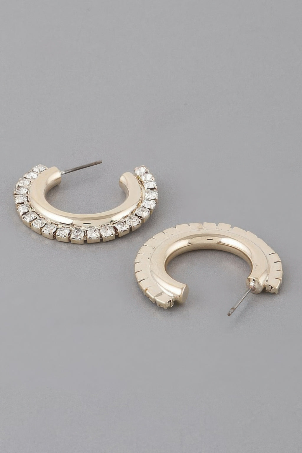 Gold clear rhinestone hoop earrings, pair with curved metal backing and posts