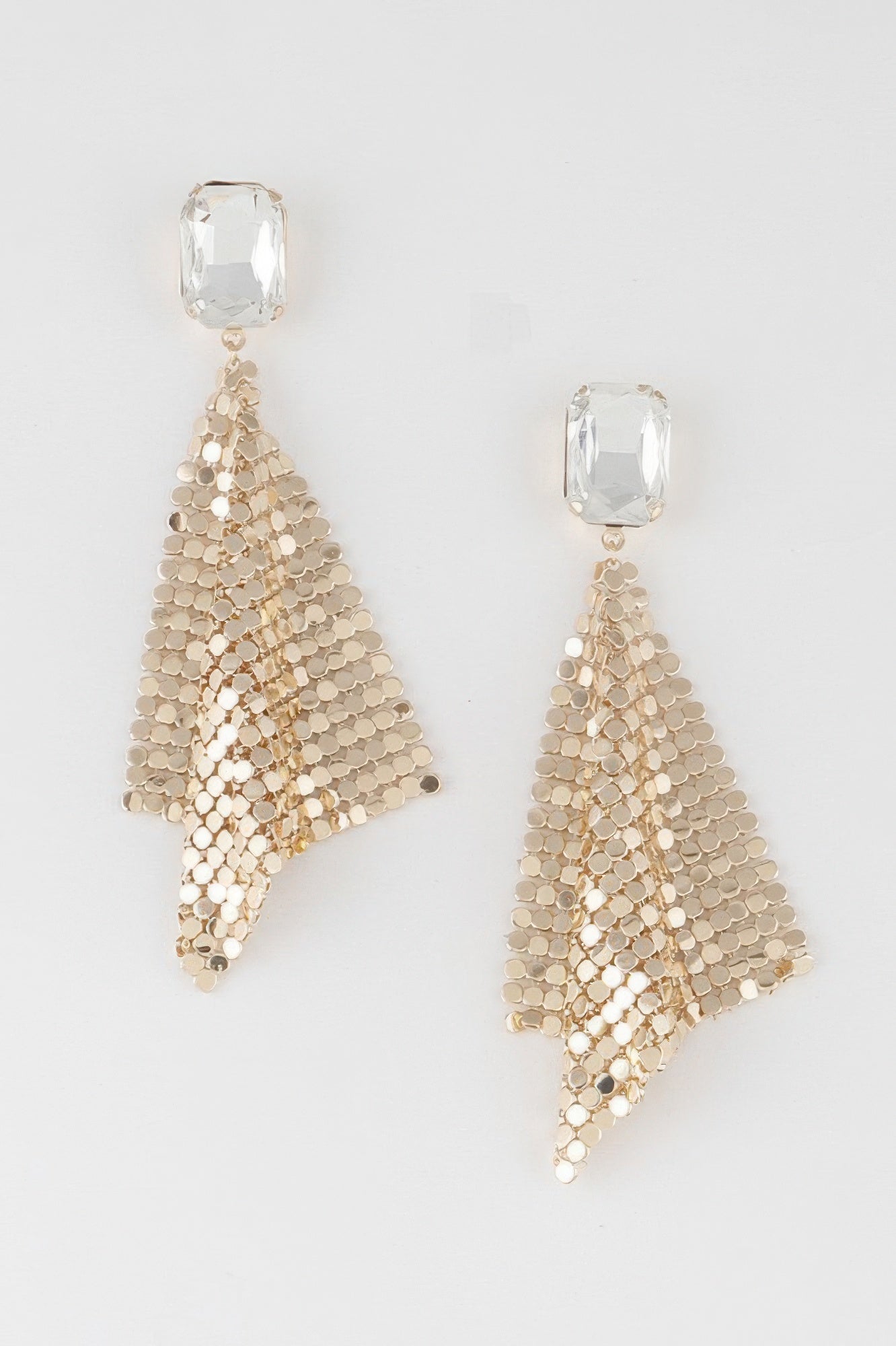 Disco sequin cut earrings: gold sequin triangle with clear crystal stud