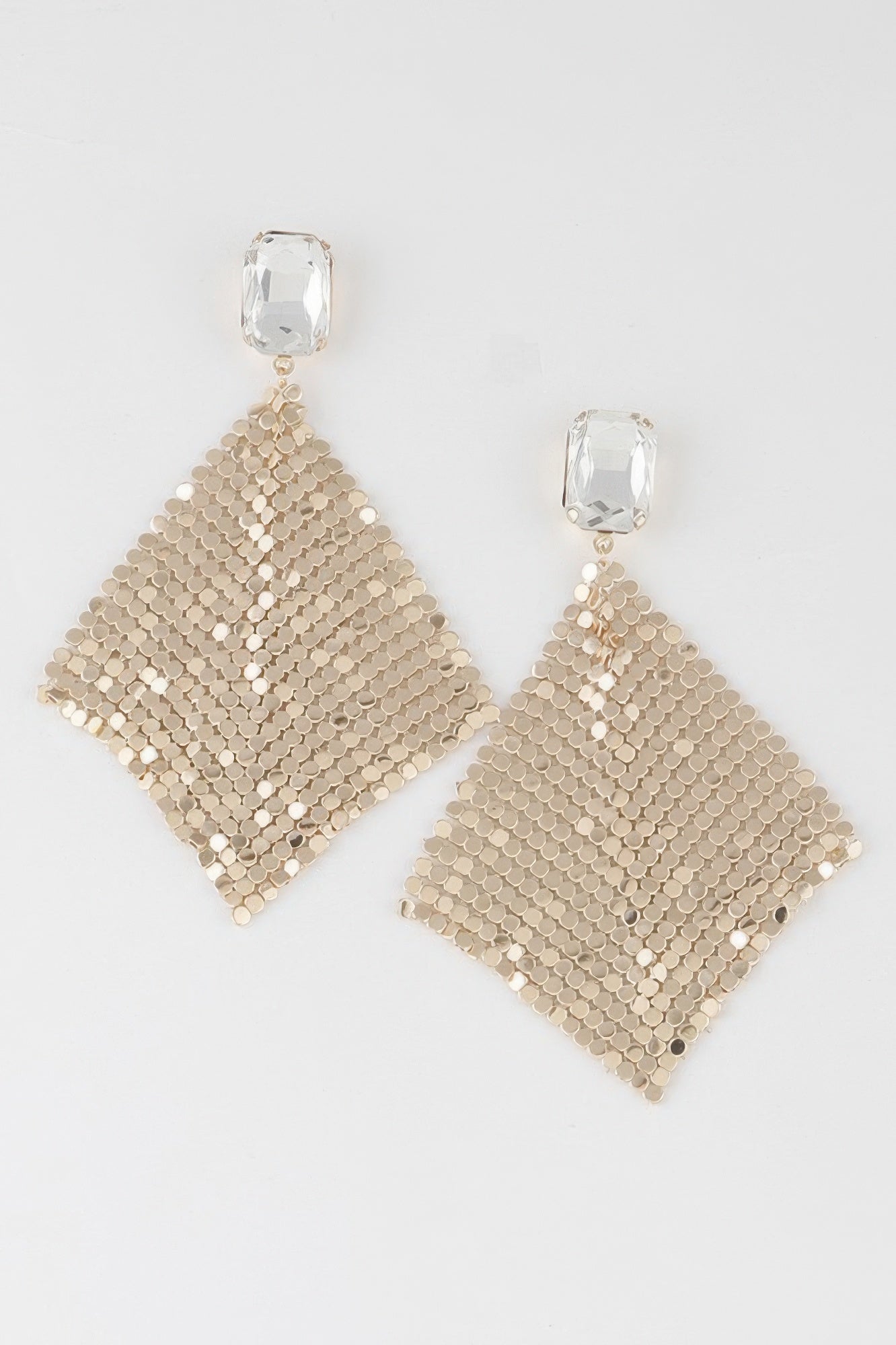 Disco sequin cut earrings: gold dangling diamond mesh, clear crystal cap