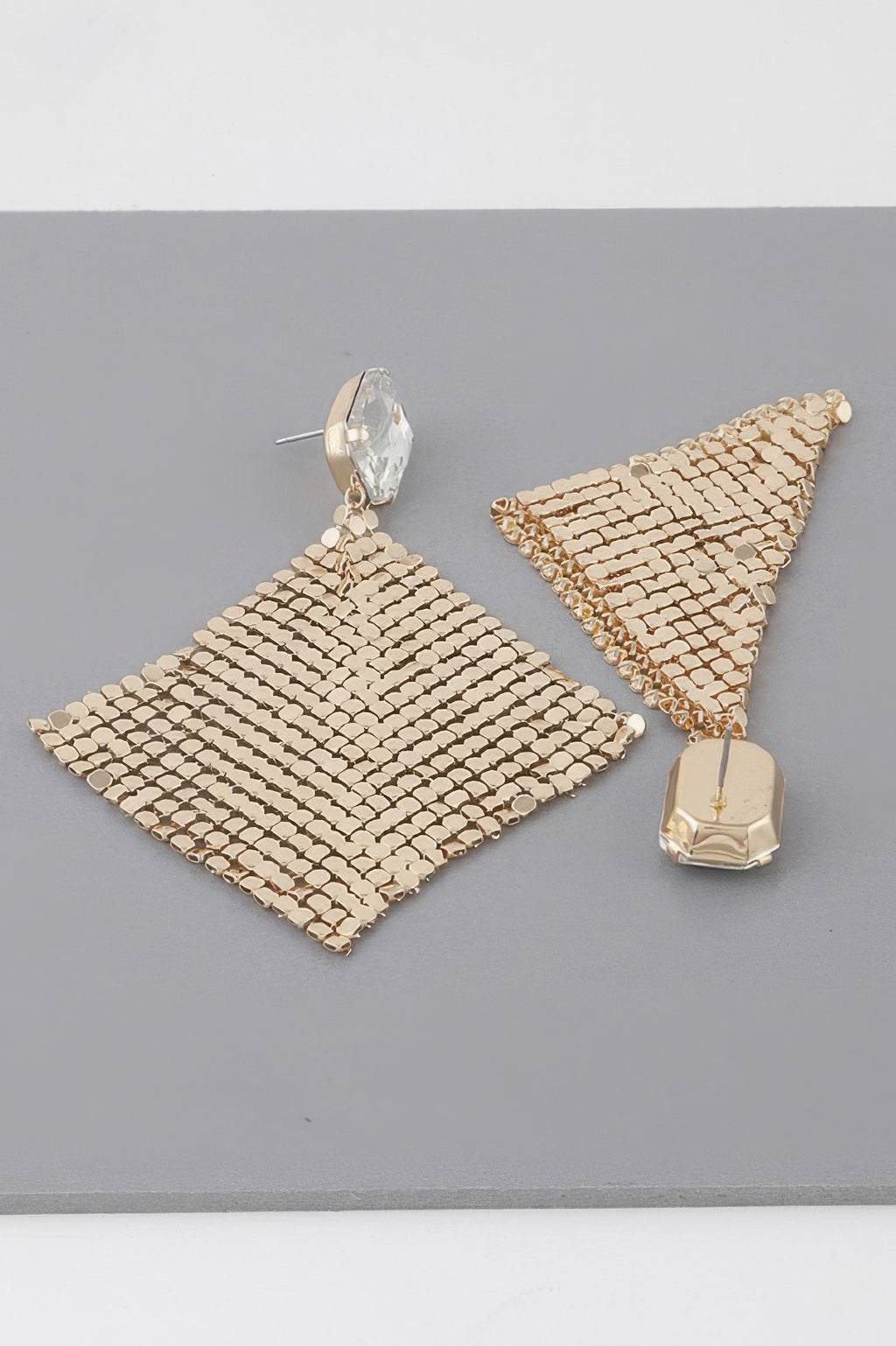 Disco sequin cut earrings: gold mesh geometric dangle with clear faceted stone