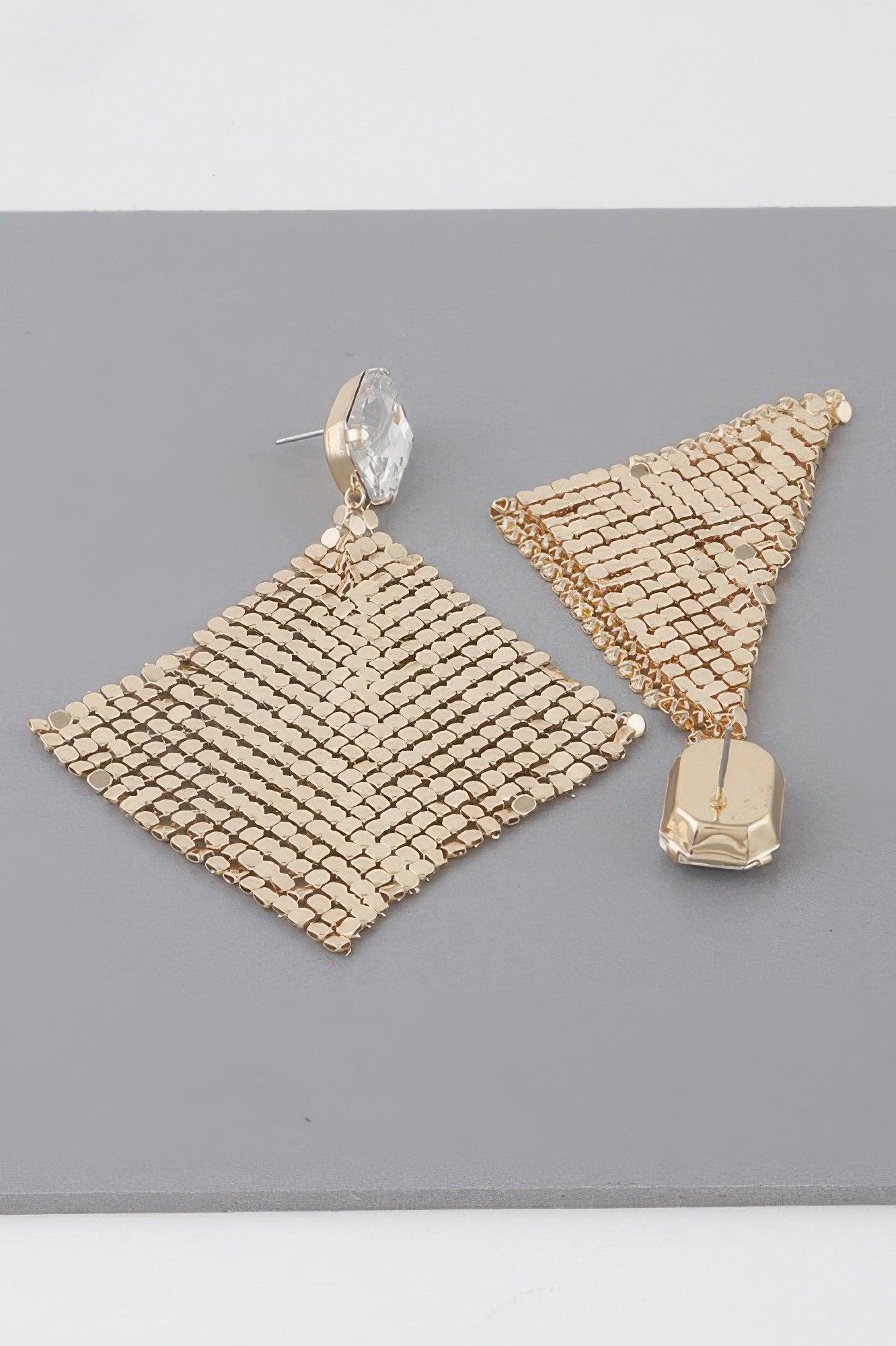Disco sequin cut earrings: gold mesh geometric dangle with clear faceted stone