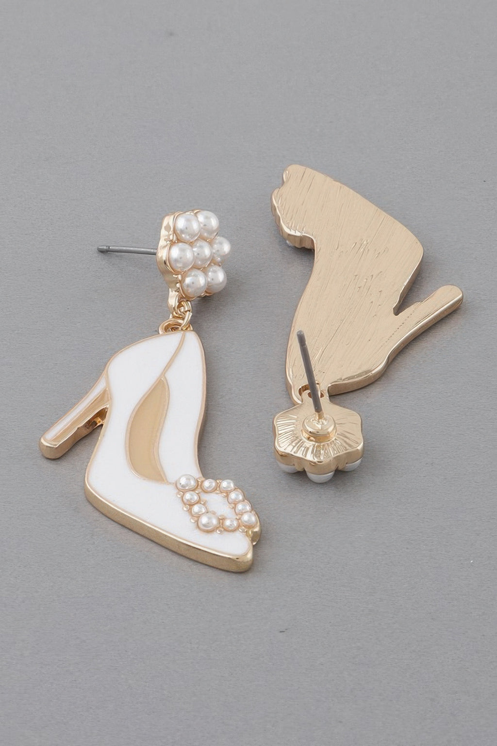 Gold-tone stud drop earrings with white high-heel charm and faux pearl cluster (gold/white)