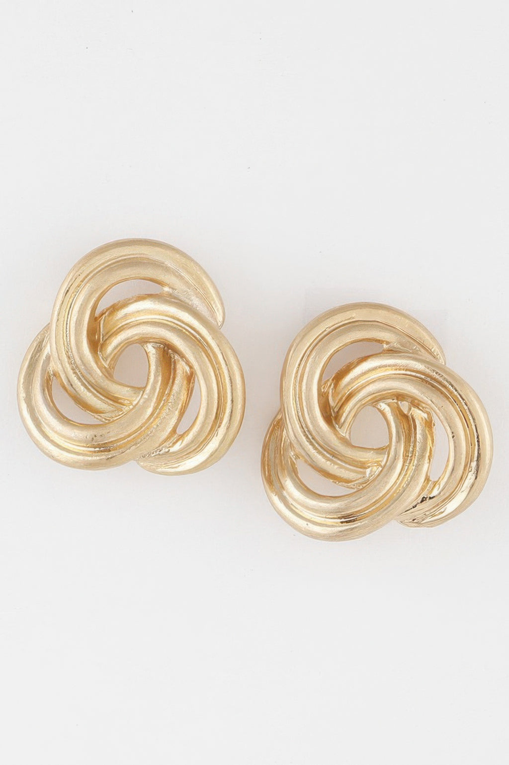Triple knot stud earrings, gold-tone swirl design with three linked loops