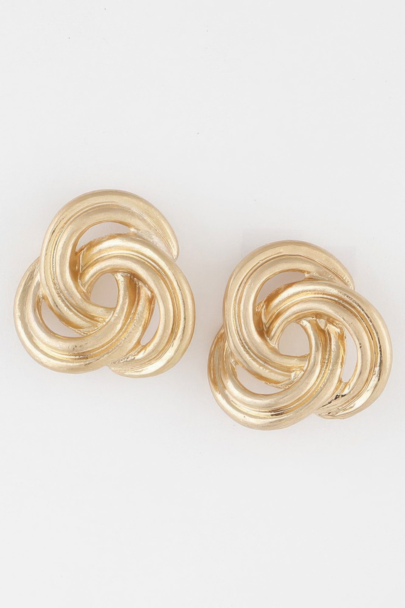 Triple knot stud earrings, gold-tone swirl design with three linked loops