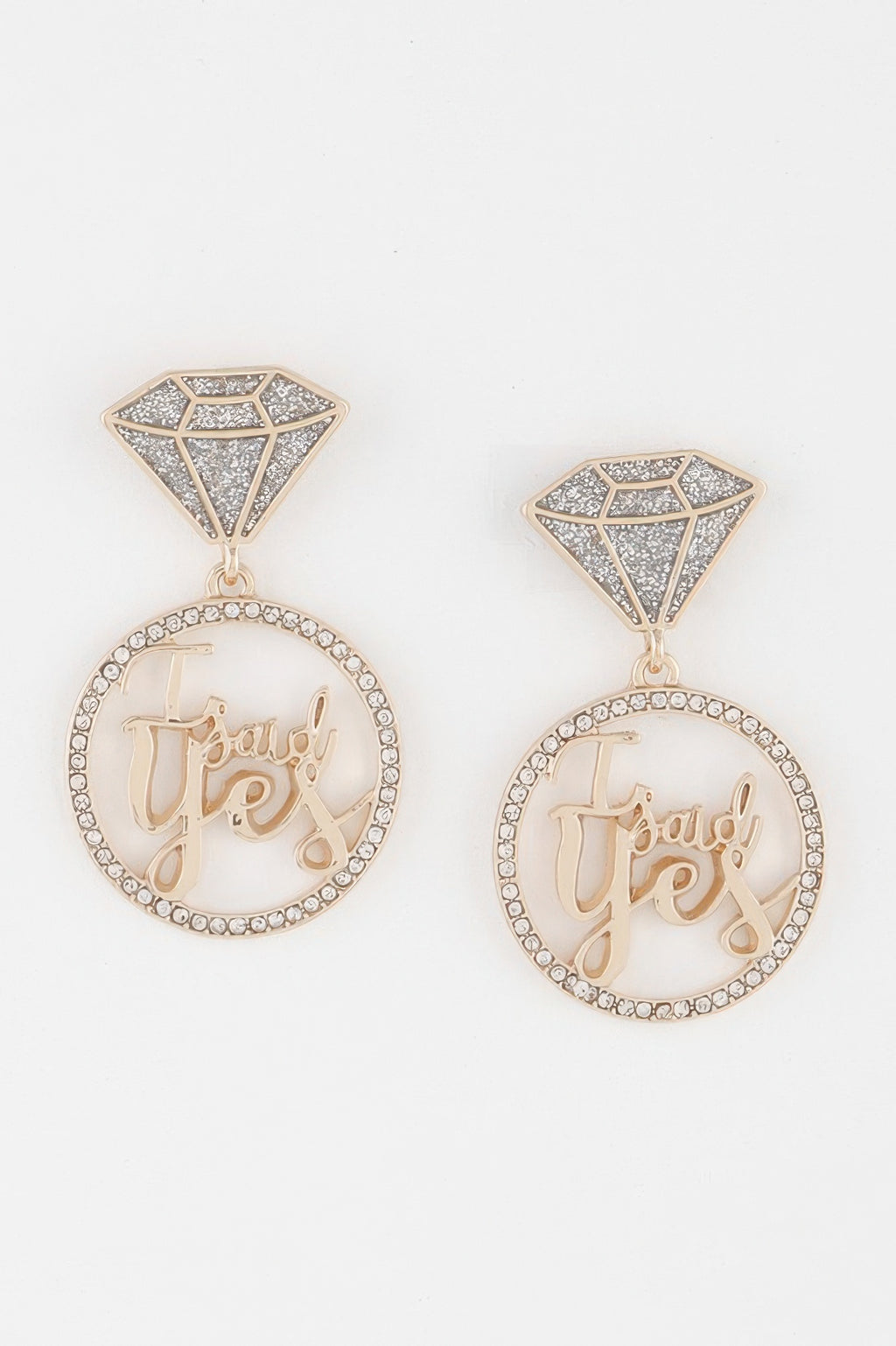 Rhinestone drop earrings: diamond top with circular 'I said yes' ring, gold-tone