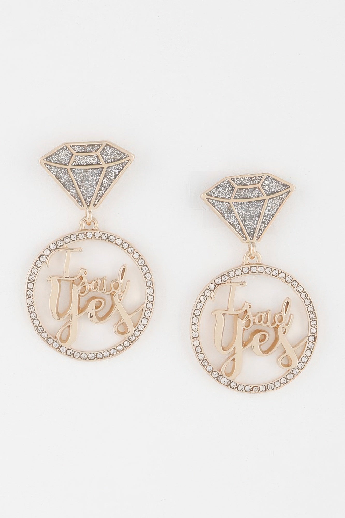 Rhinestone drop earrings: diamond top with circular 'I said yes' ring, gold-tone