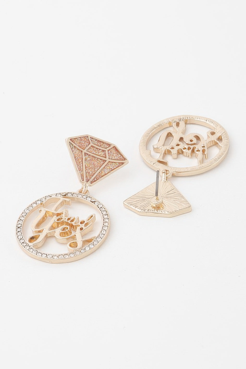 Rhinestone 'I said yes' drop earrings with gold-tone oval disc and textured back detail