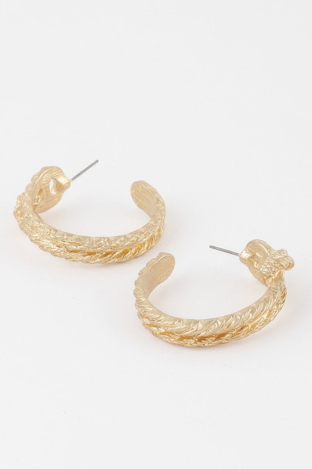 Gold braided snake hoop earrings, textured coiled snake front