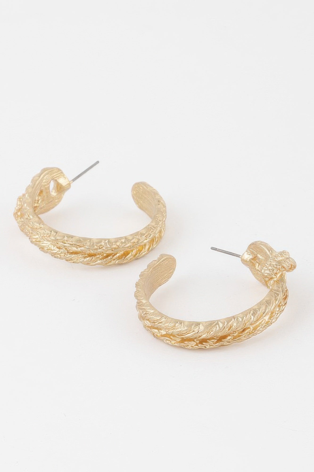 Gold braided snake hoop earrings, textured coiled snake front
