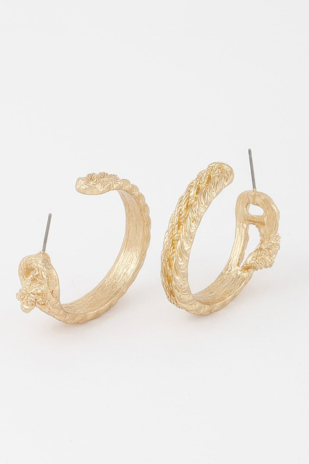 Gold braided snake hoop earrings, close view of snake head and rope texture