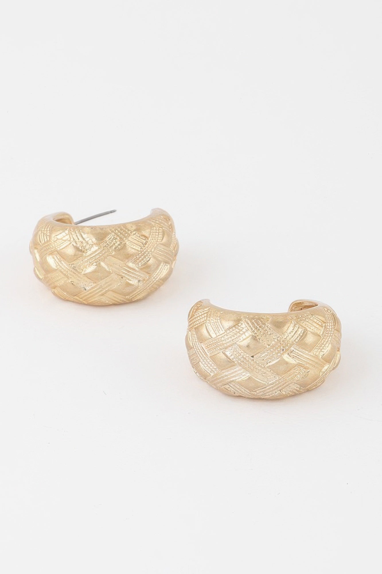 Gold basket-weave hoop earrings with textured woven pattern, front view