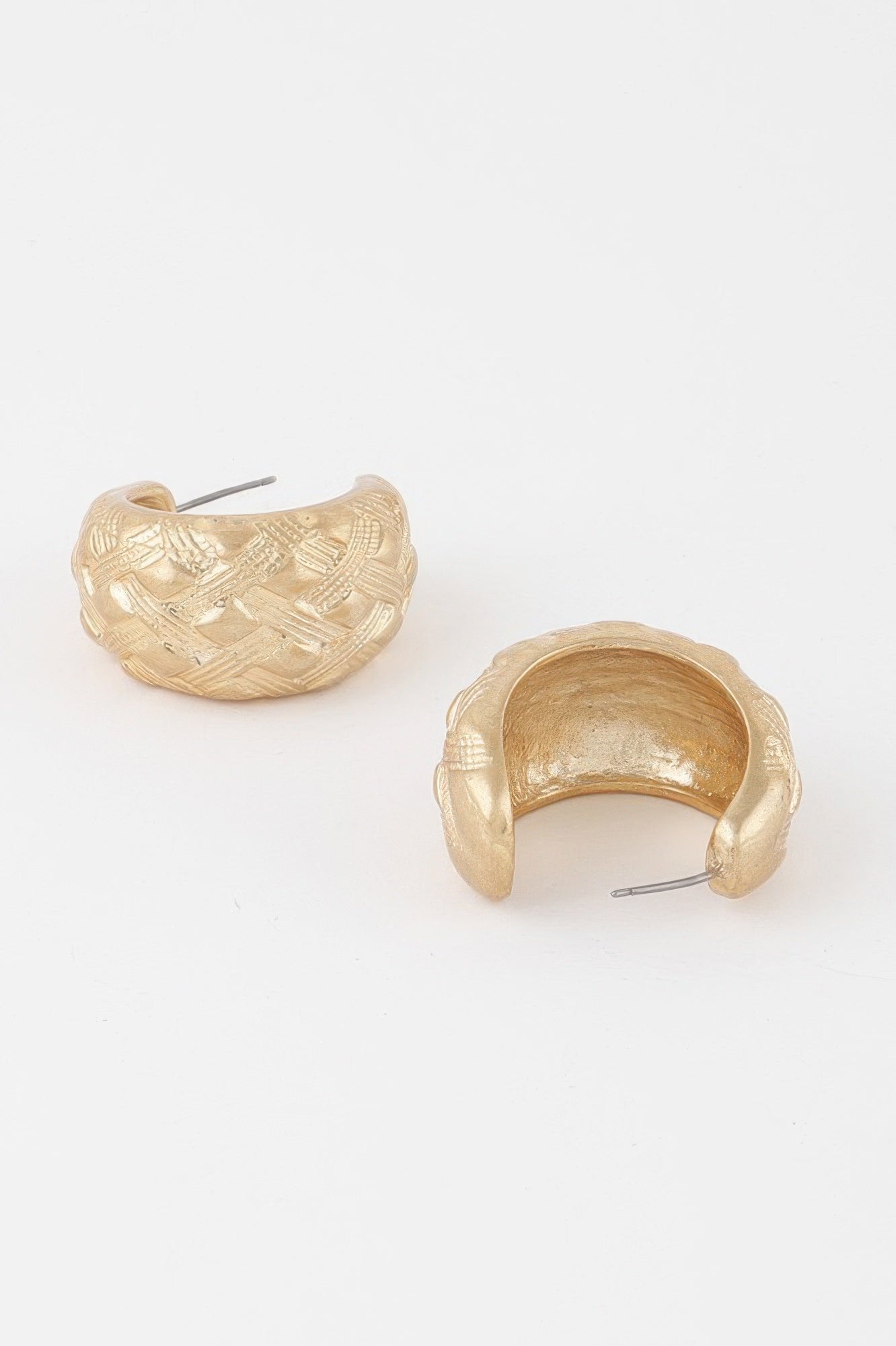Gold hoop earrings shown from side/back, basket-weave texture and post backs