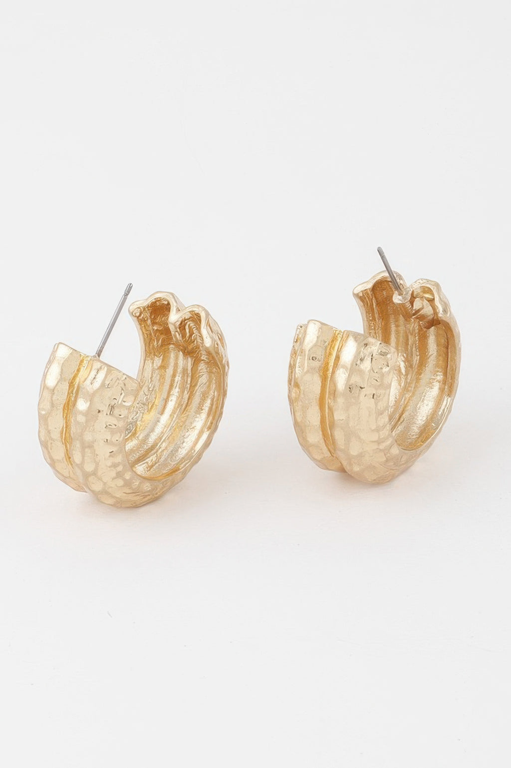 Front view of gold double hammered hoop earrings with chunky textured hoops