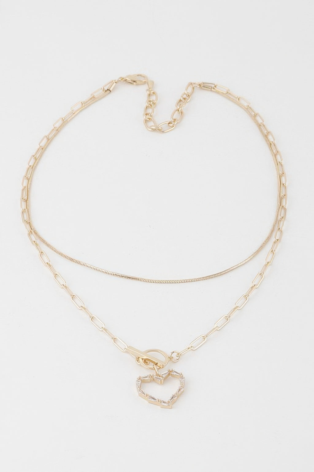 Double heart toggle chain necklace, gold clear