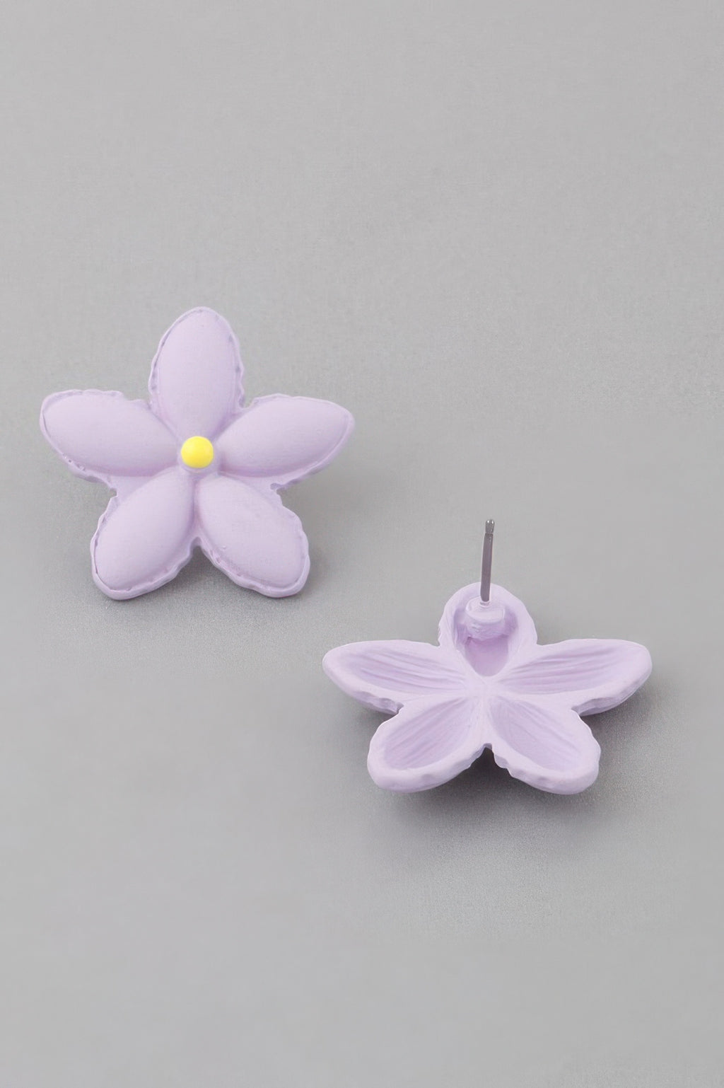 Lavender flower stud earrings with yellow center, pair of studs on metal pins