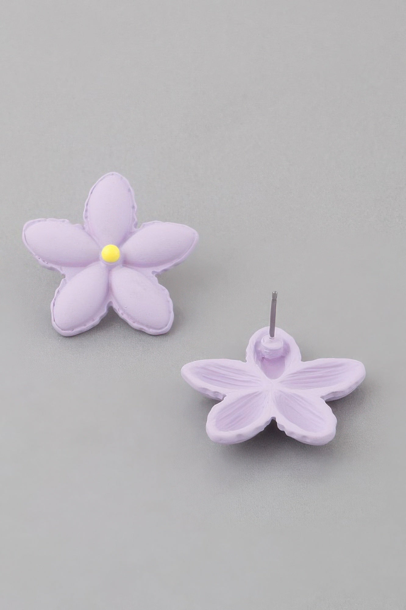 Lavender flower stud earrings with yellow center, pair of studs on metal pins
