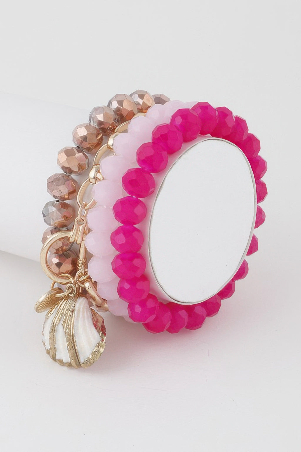 Multi Seashell Crystal Bracelet in pink and nude beads with shell tassel charm