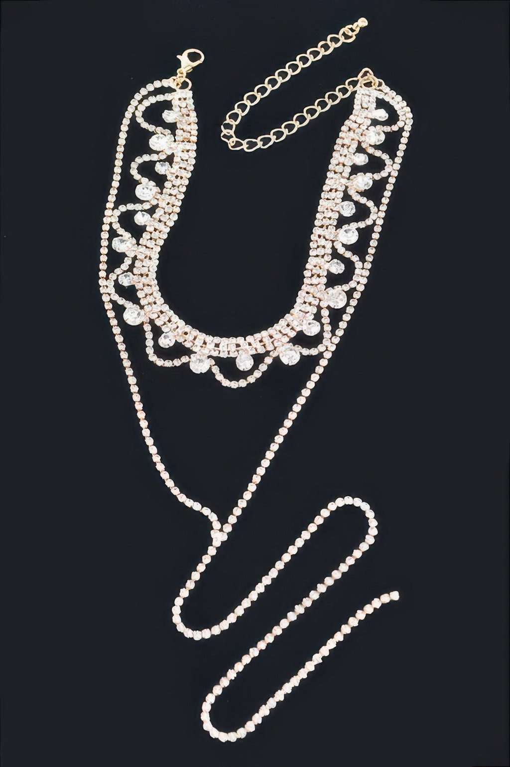 Rhinestone necklace set: U-shaped rhinestone collar and long chain drop, gold tone