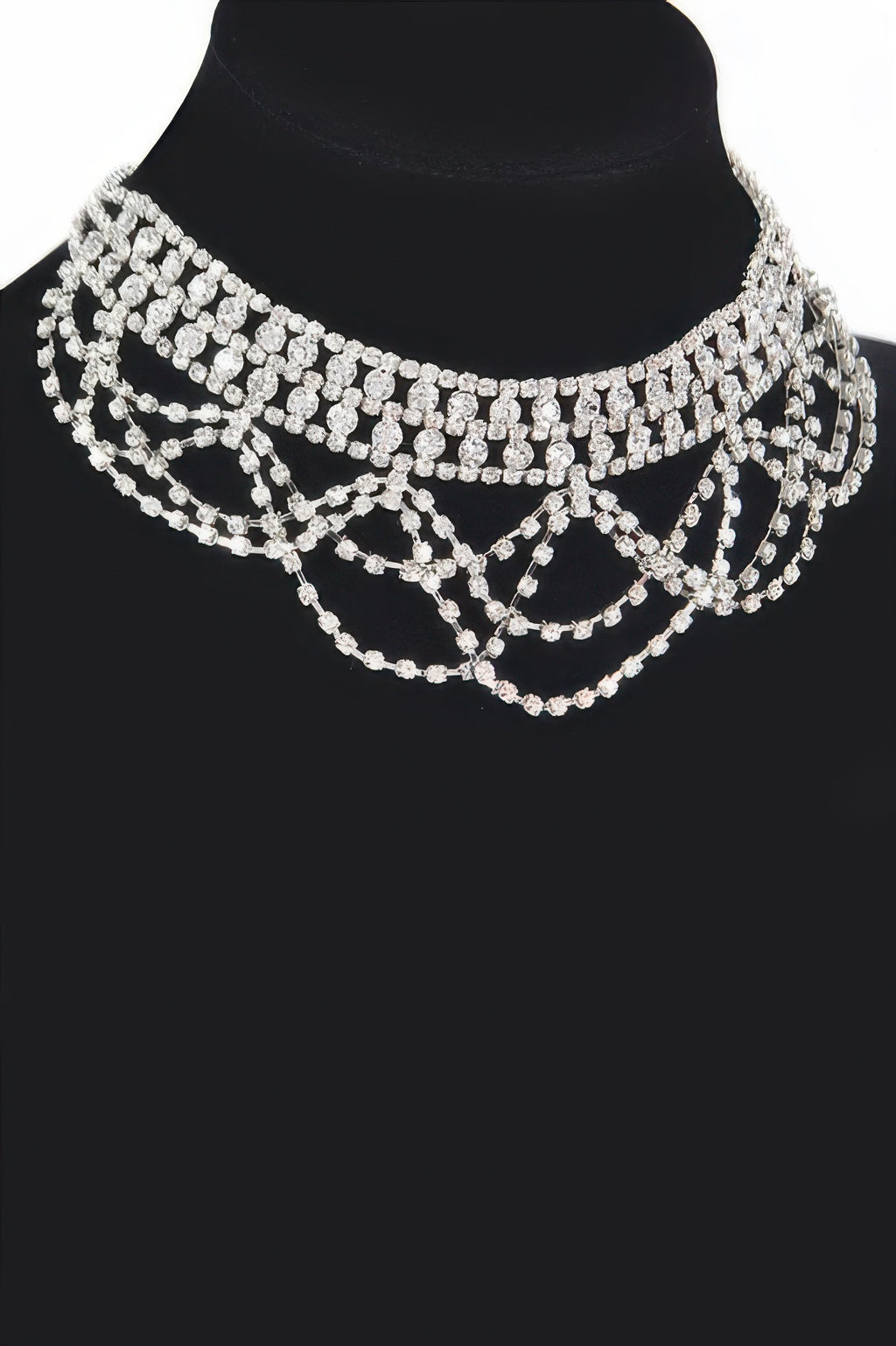 Silberfarbenes Rhinestone-Kettenhalsband, breites Collier mit Tropfensträngen