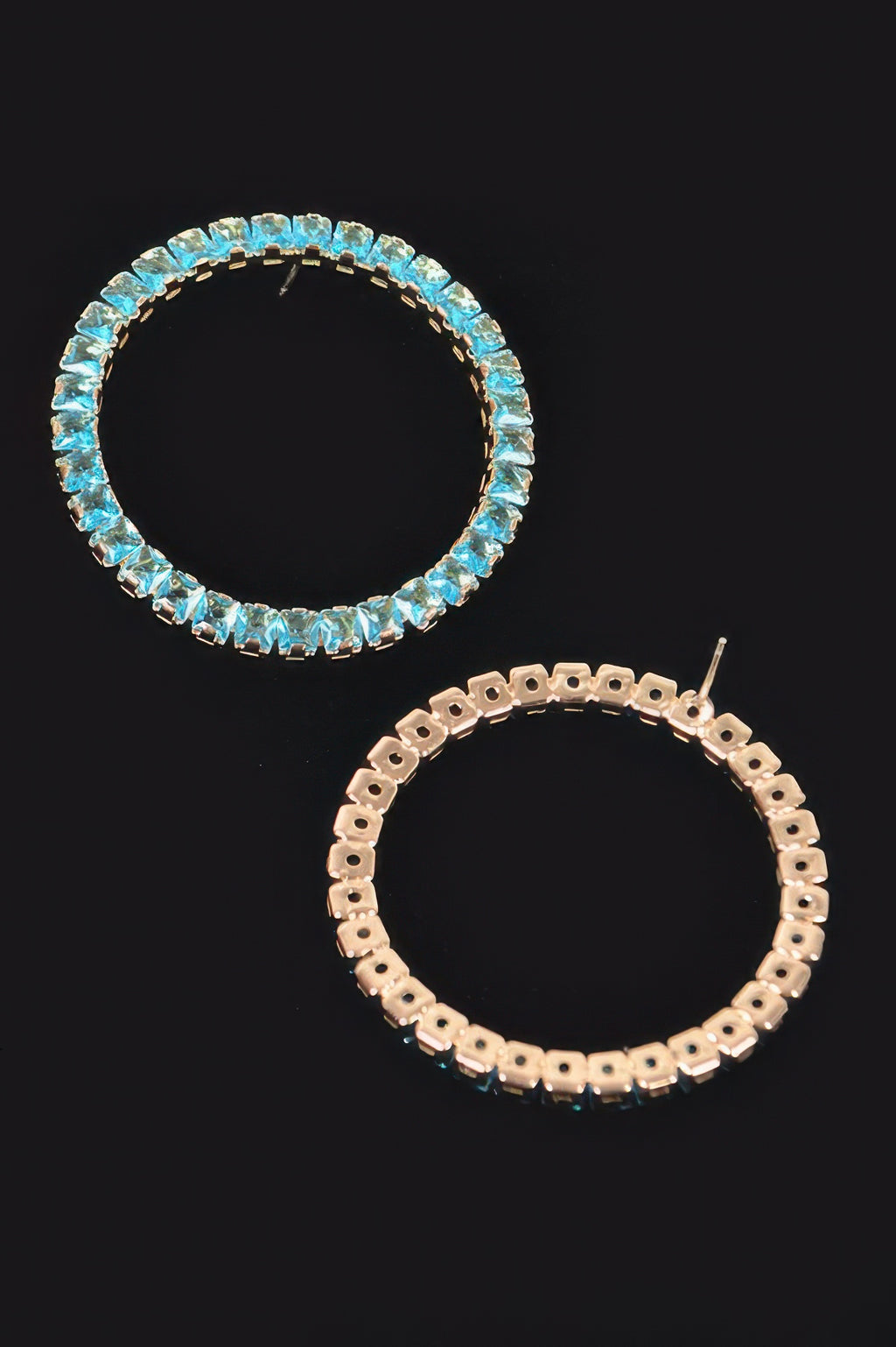 Round rhinestone hoop earrings with blue-lavender stones and gold-tone posts