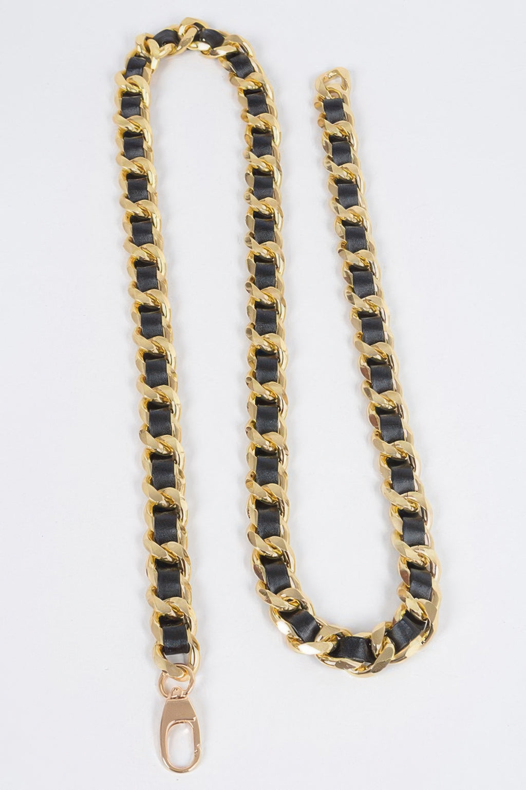 Oversized chain belt set, black faux leather with gold-tone links and small clasp