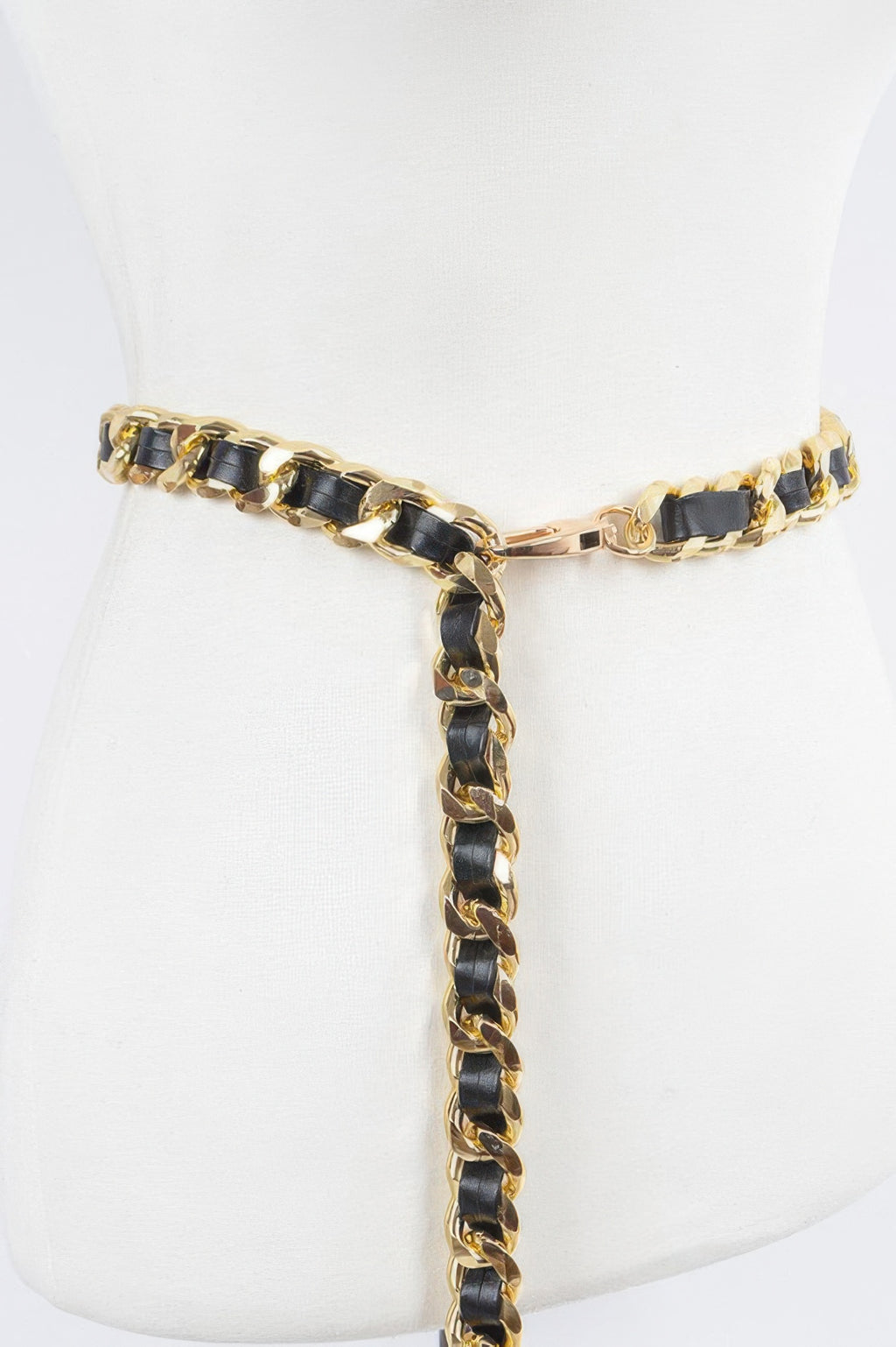 Chain-tie faux leather belt, black with gold-tone chain drop and connector