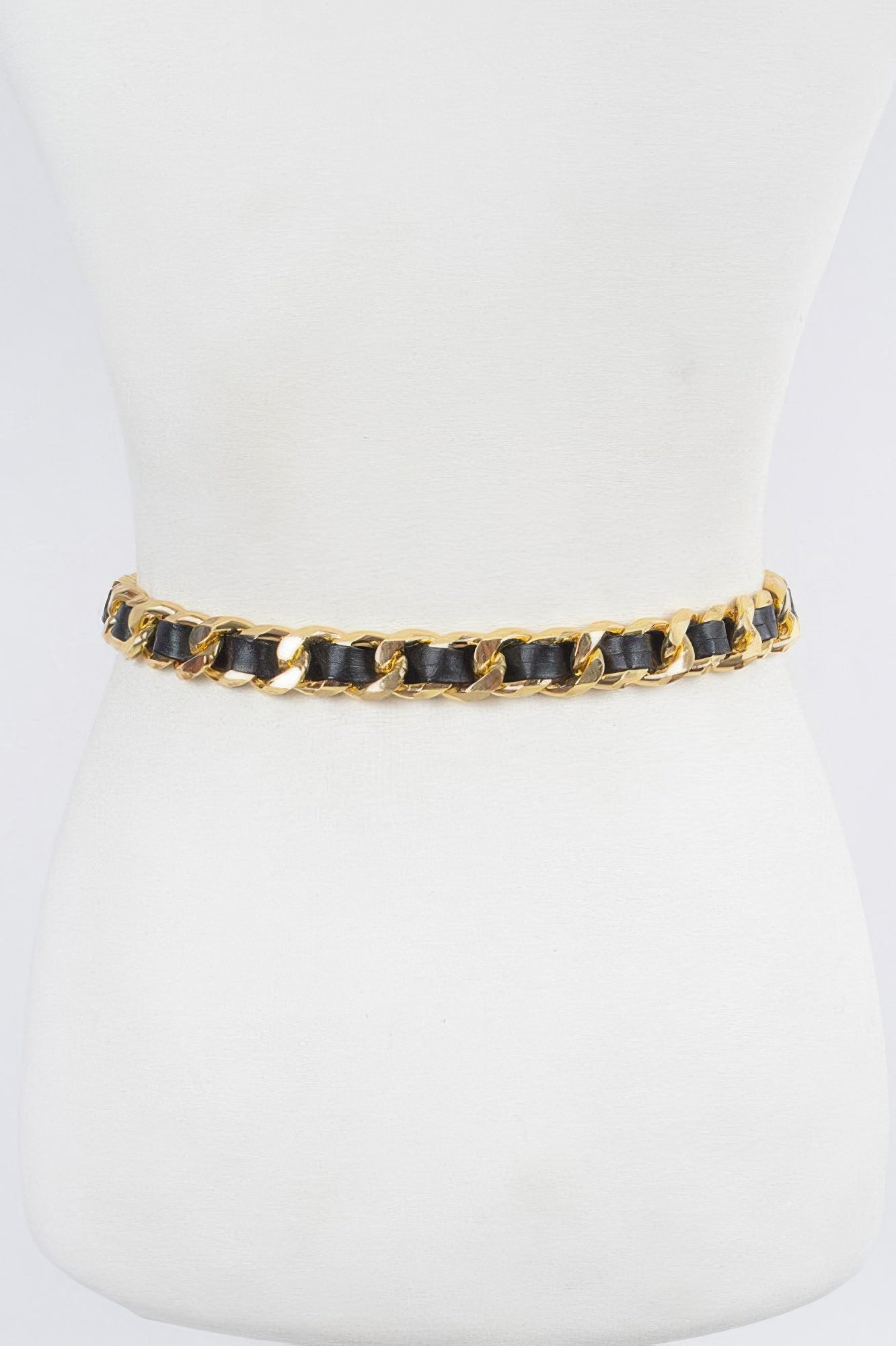 Oversized faux leather chain belt in black with gold-tone linked band