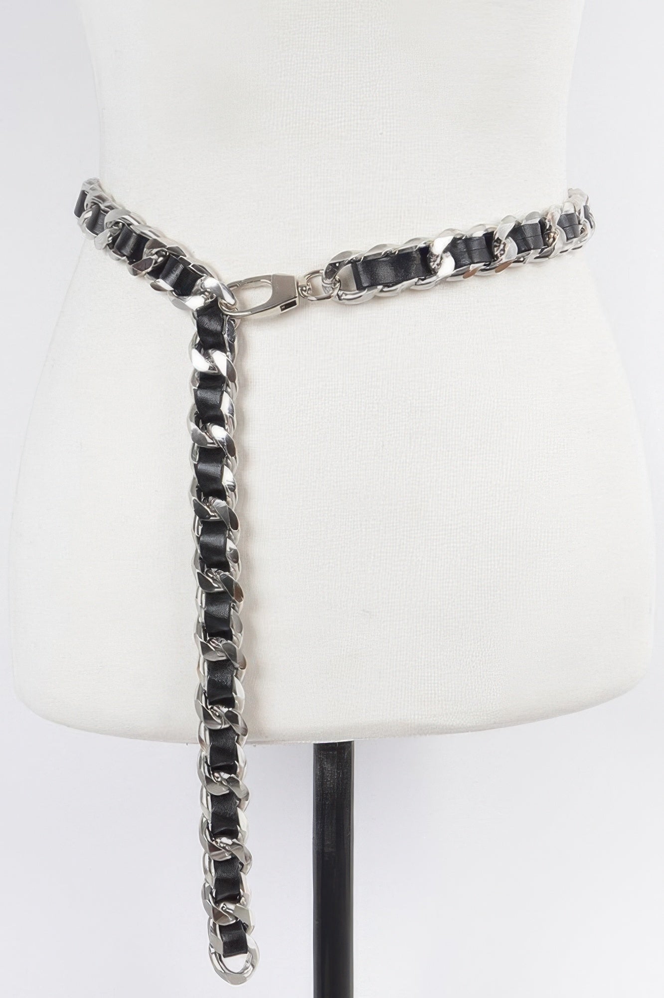 Faux leather oversized chain belt, black with silver-tone chain and buckle ring