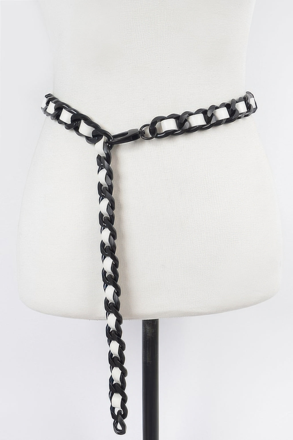 Oversized chain belt, black faux leather with silver-tone links and long chain drop