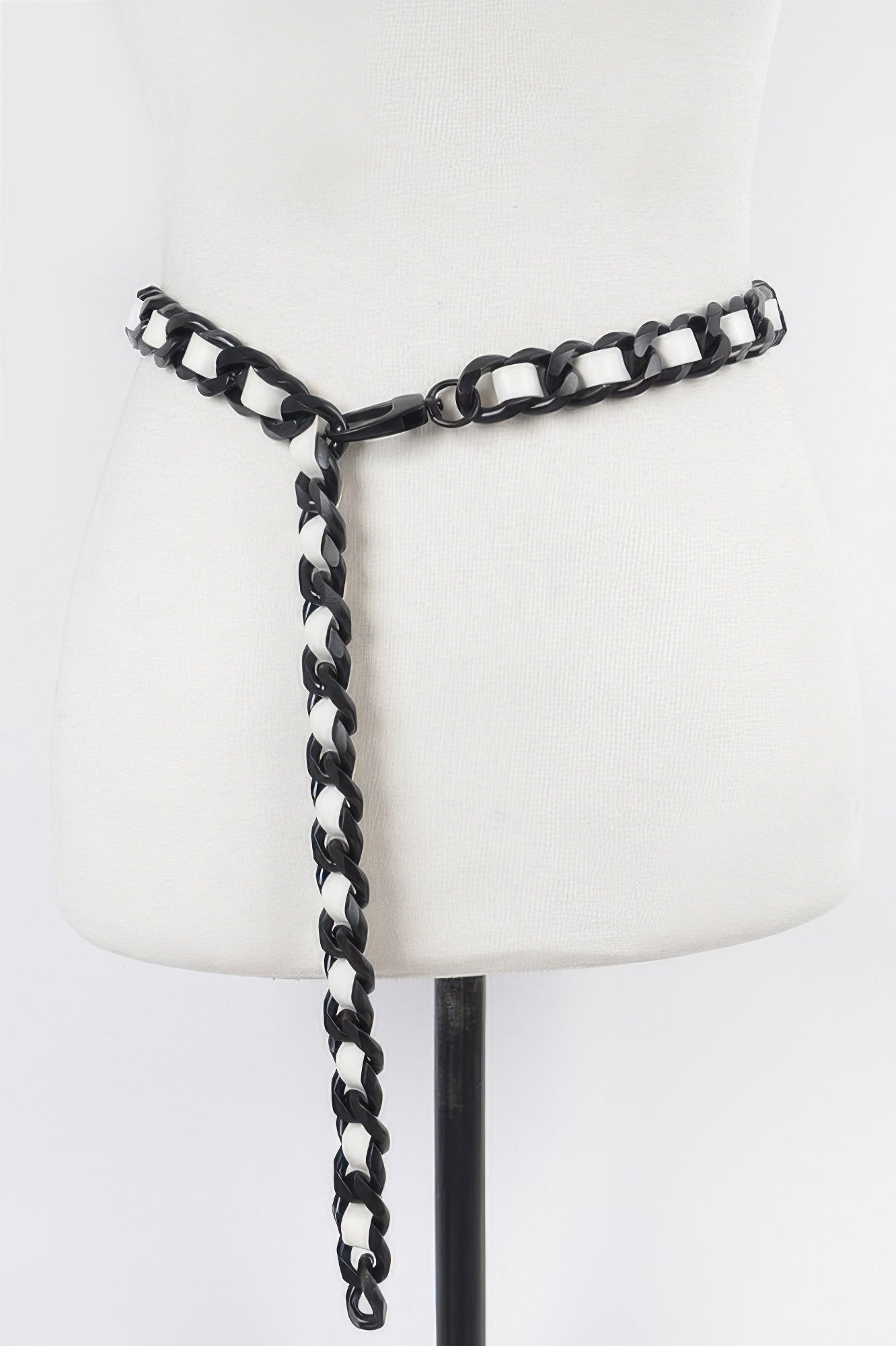 Oversized chain belt, black faux leather with silver-tone links and long chain drop