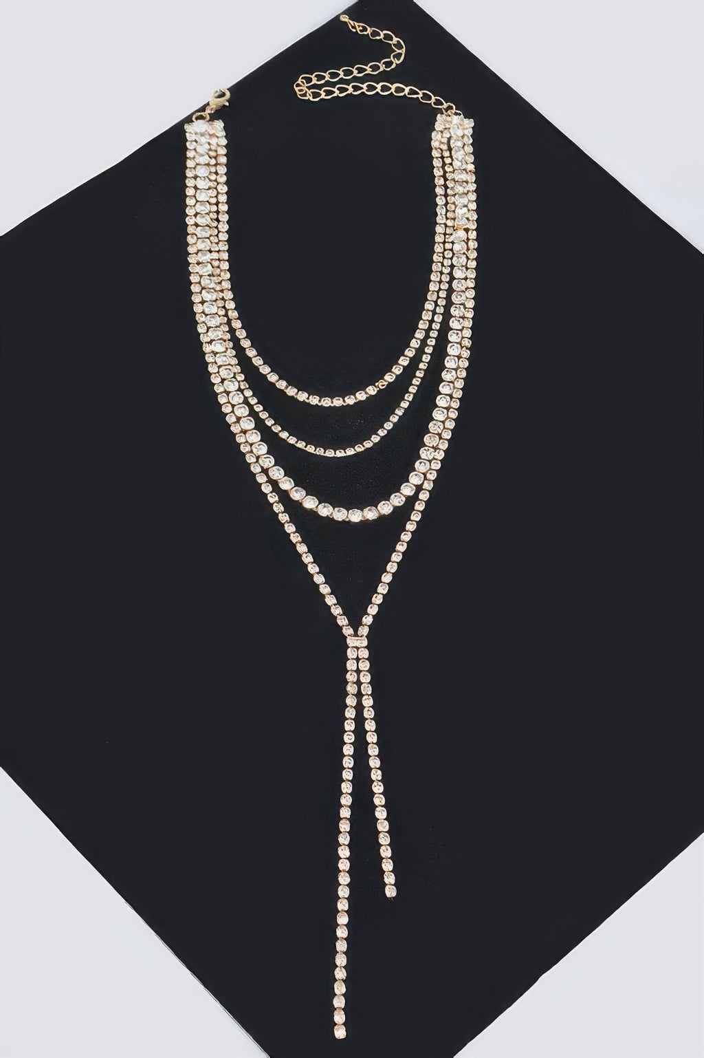 Gold-tone rhinestone long necklace, multi-layer linked rows with double dangling strands
