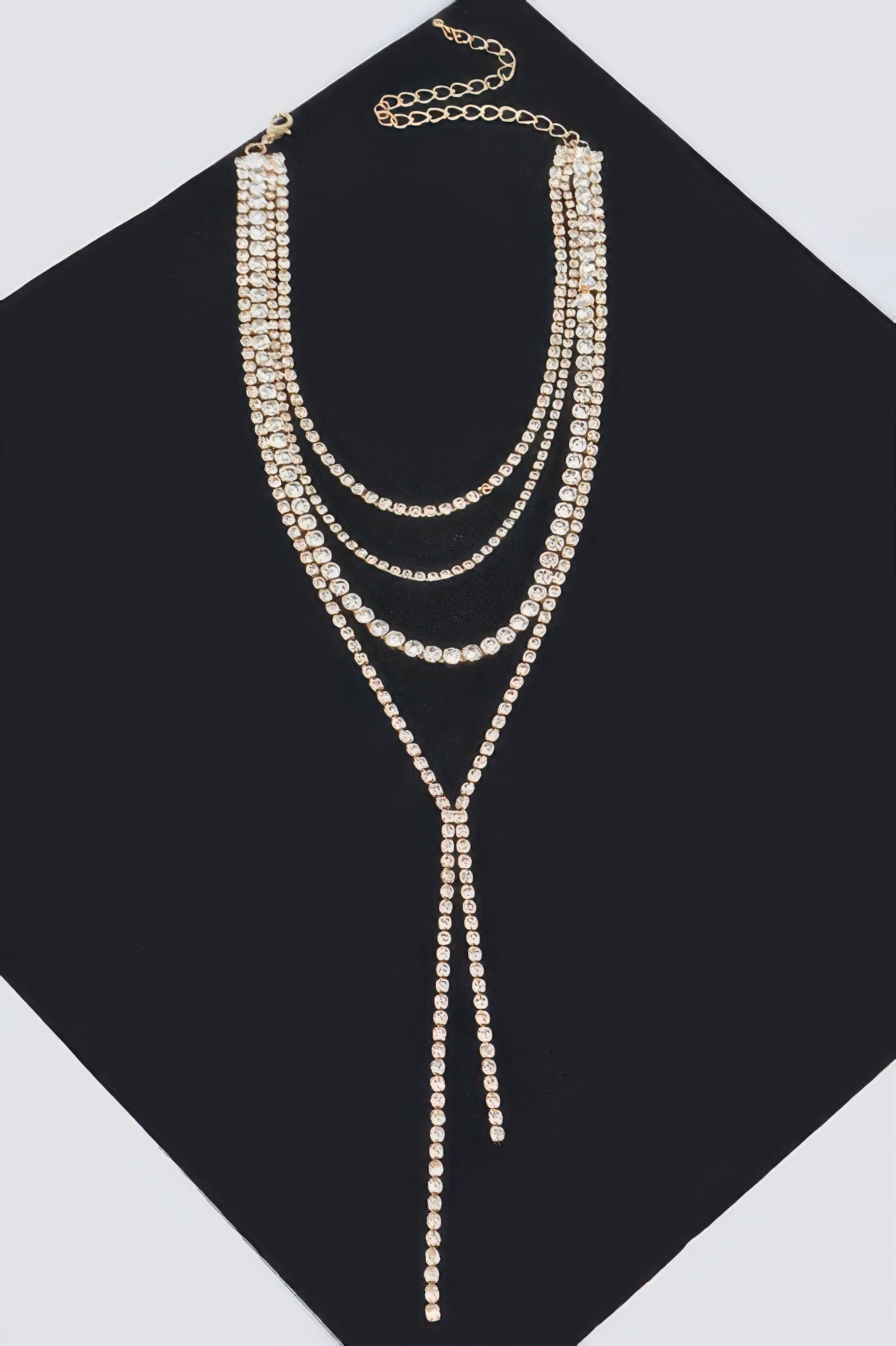 Gold-tone rhinestone long necklace, multi-layer linked rows with double dangling strands