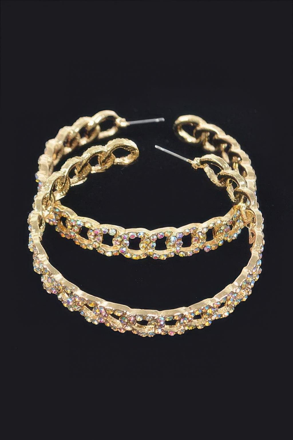 Rhinestone hoop earrings in gold tone, oval stones and linked chain design