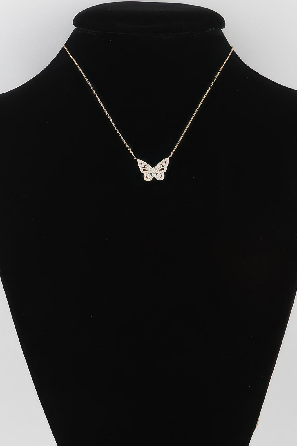 Gold rhinestone butterfly pendant necklace with delicate chain