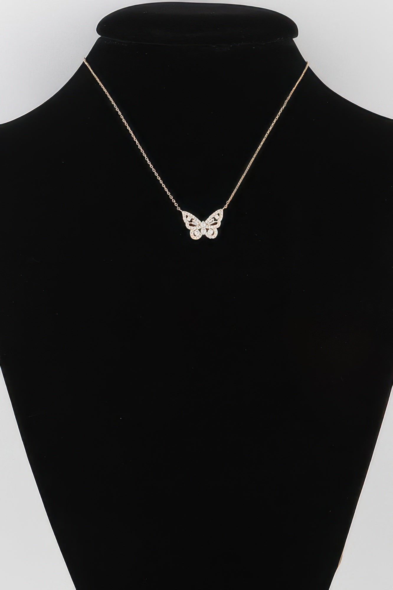 Gold rhinestone butterfly pendant necklace with delicate chain