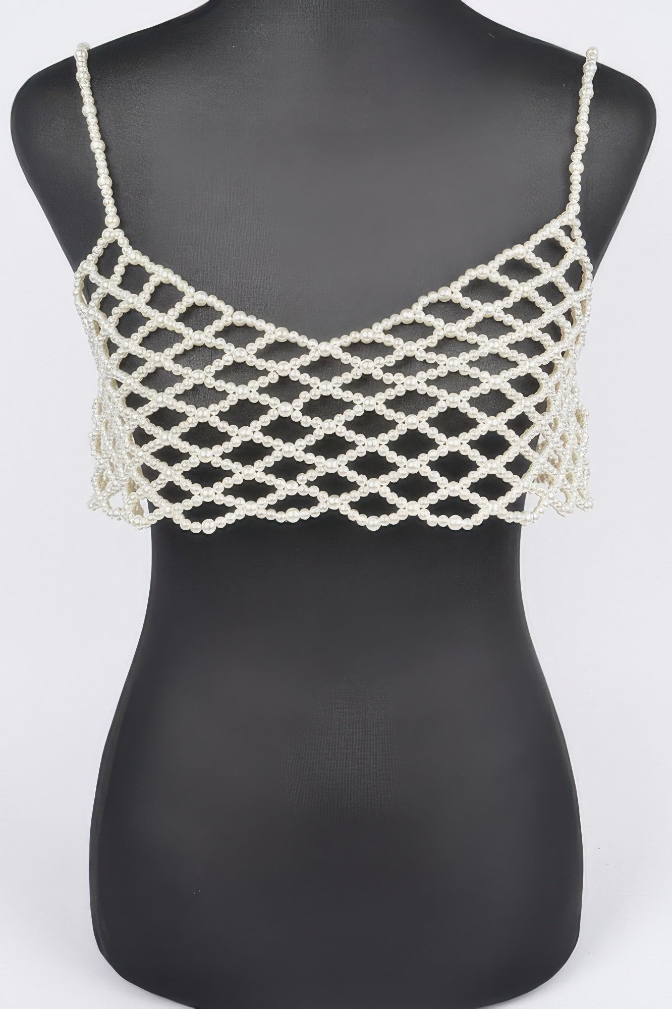 Faux Pearl Bralette cream: crisscross faux-pearl mesh front with scalloped edge