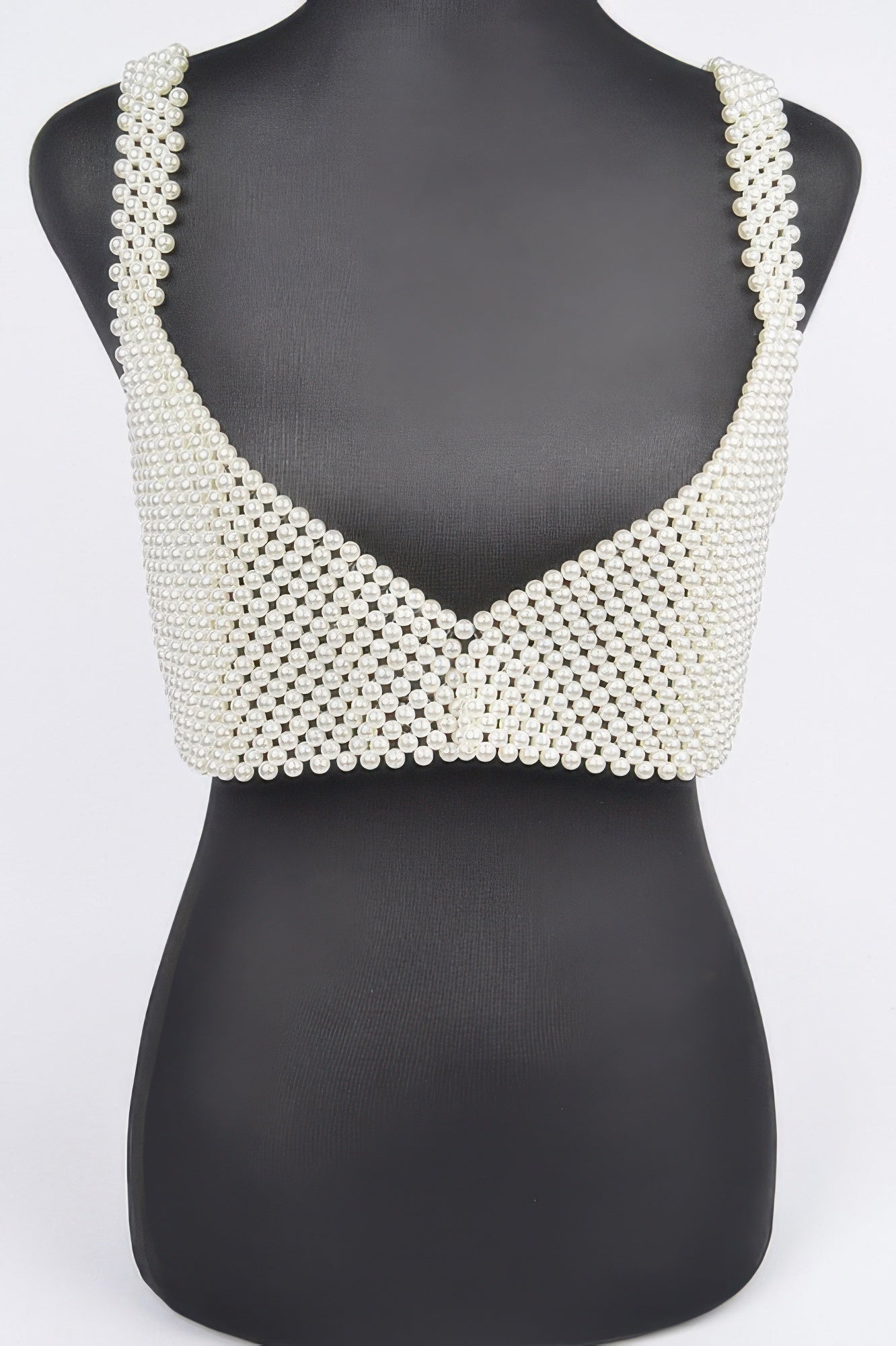 Faux Pearl Bralette in cream, scalloped V-neck with multi-strand faux pearl trim