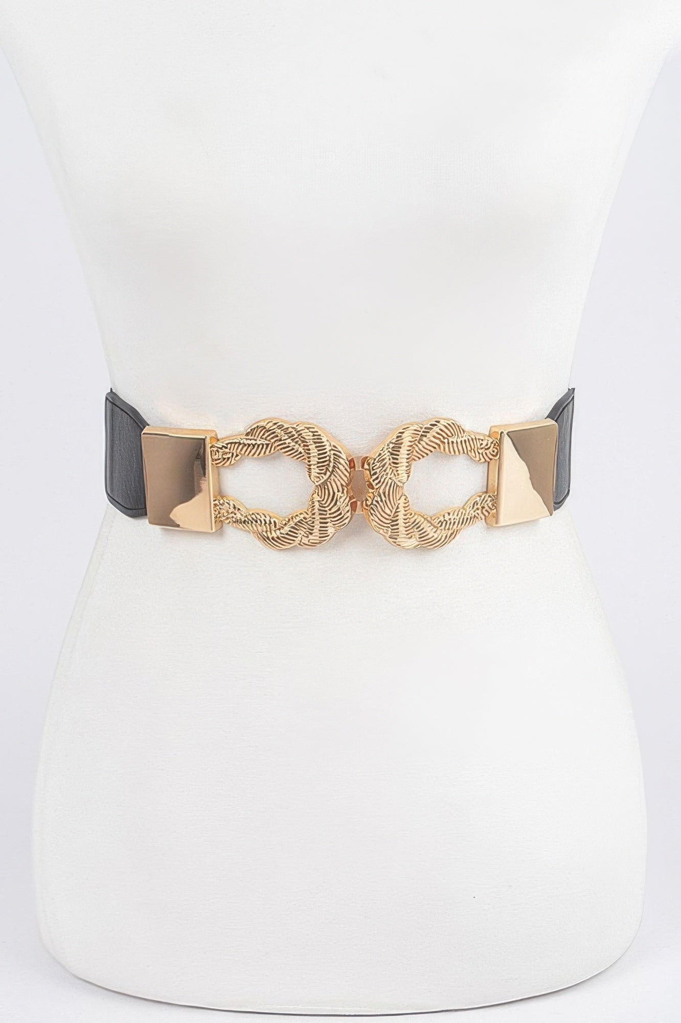 Twist Link Cuff elastic belt with black band and gold-tone twisted chain links