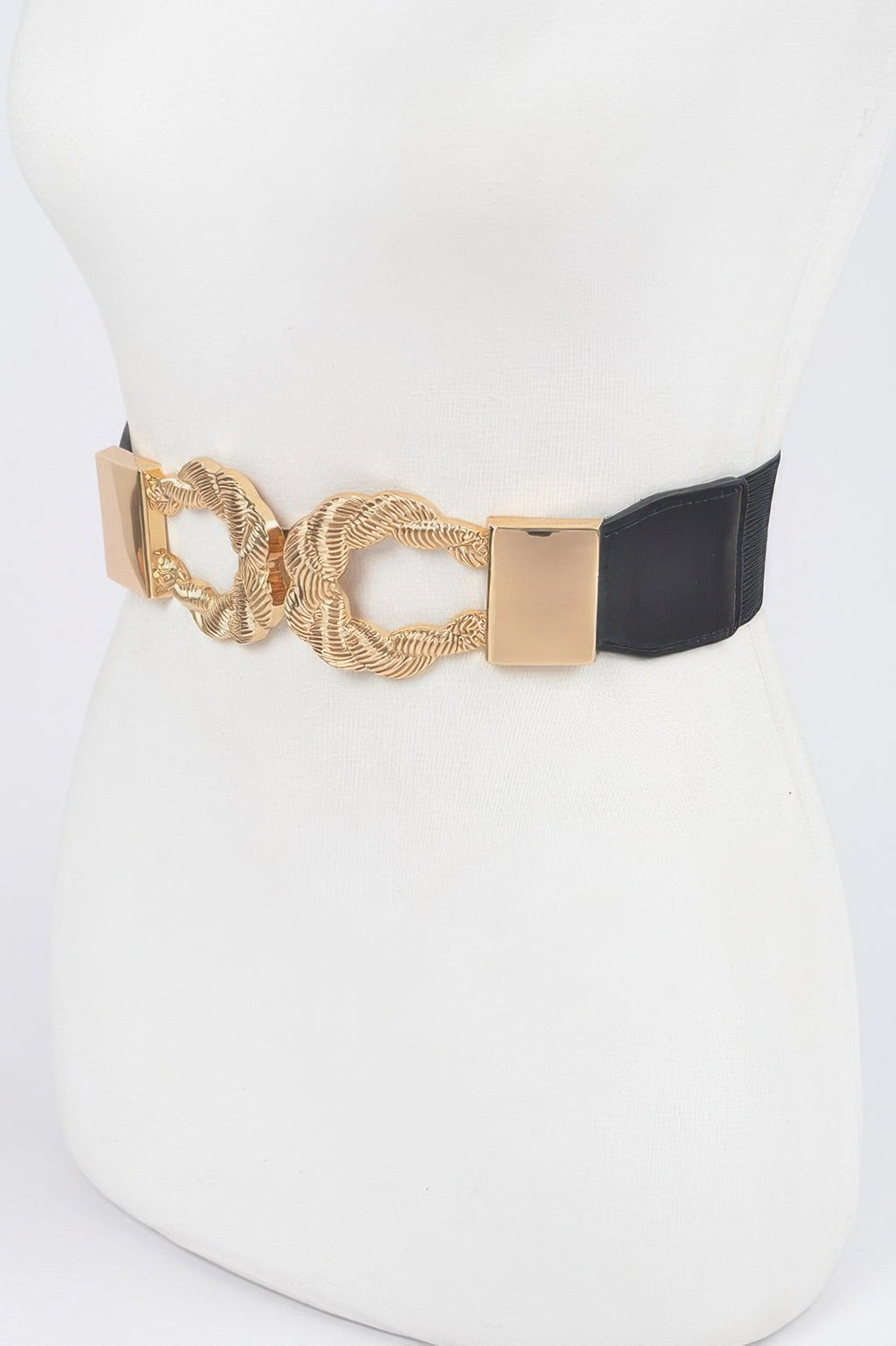 Twist Link Cuff elastic belt, black band with gold-tone chain twist and square cuffs