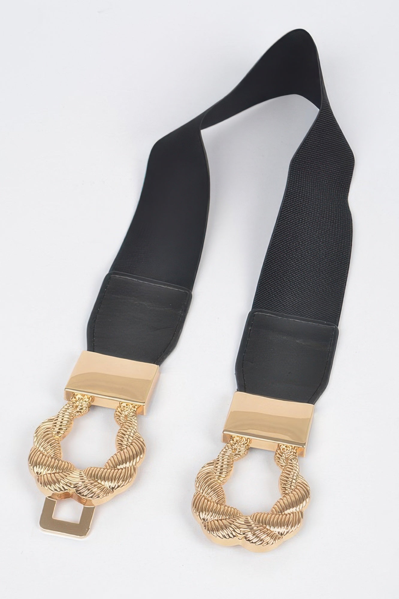 Twist Link Cuff elastic belt, black strap with gold-tone chain ring buckles