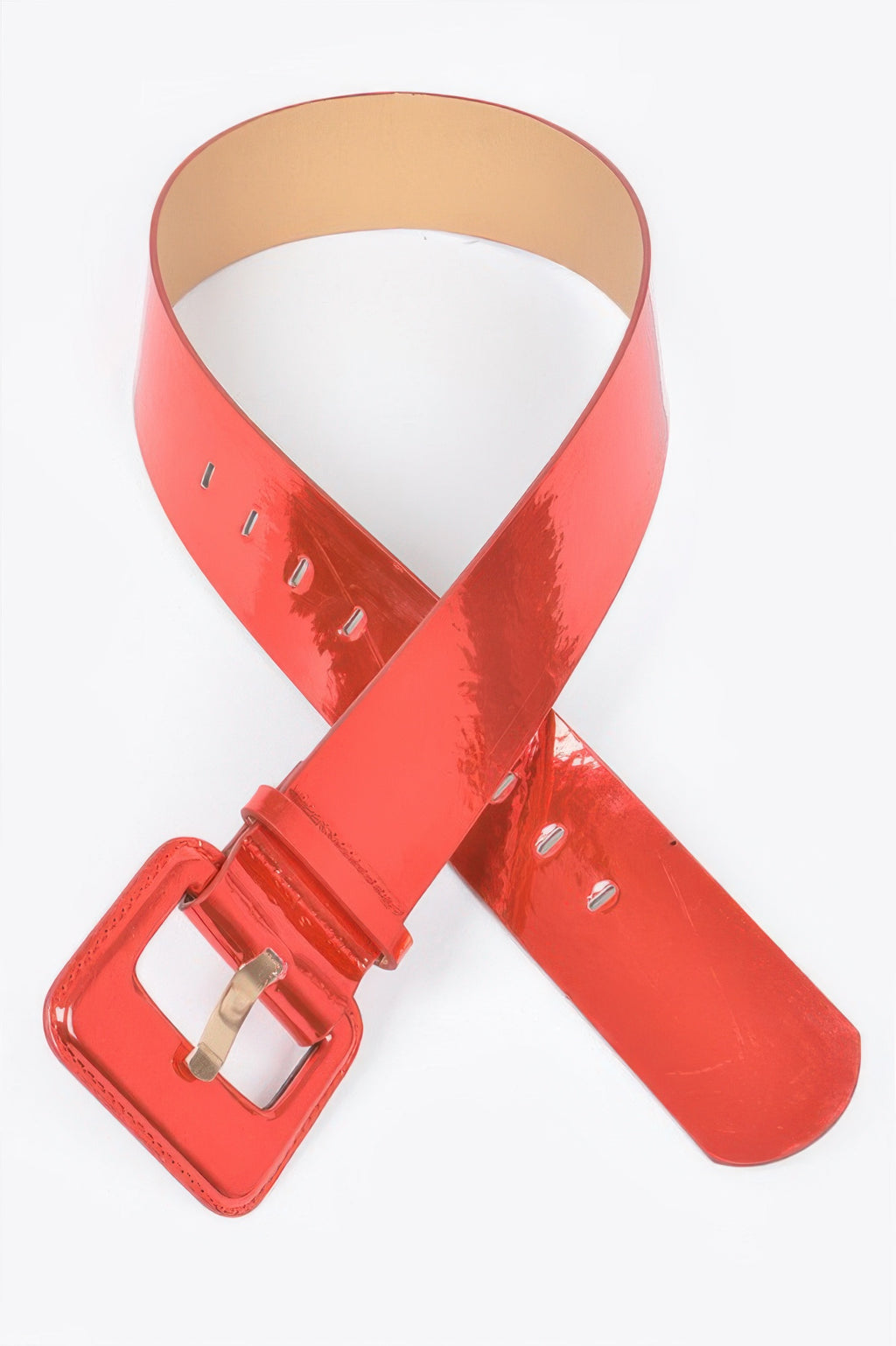 Wide PU belt in coral-red with square buckle, cross-body strap and adjustment holes.