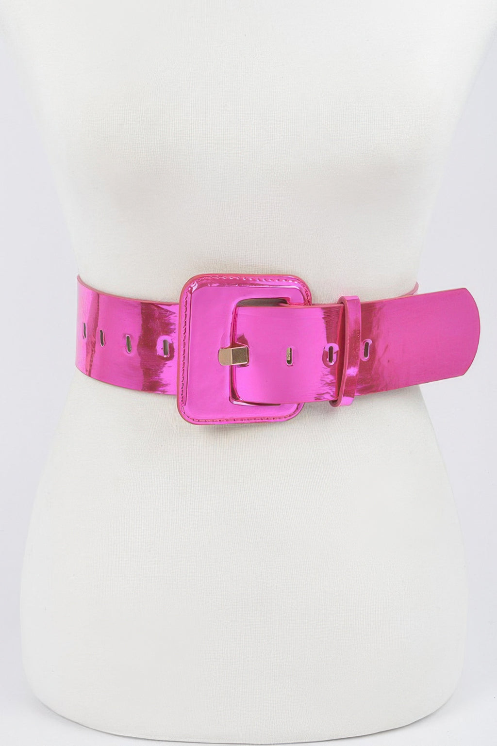 Wide PU belt in hot pink with square buckle, metal pin, and adjustment holes.
