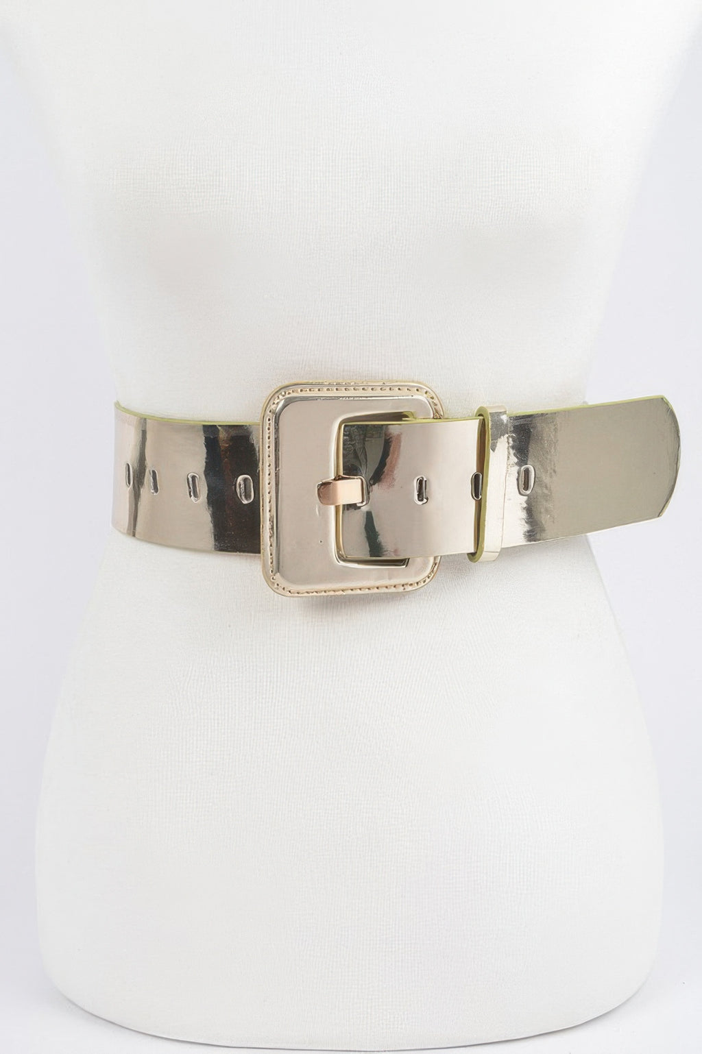 Wide PU belt in silver with square buckle, stitched edges, and metal pin.