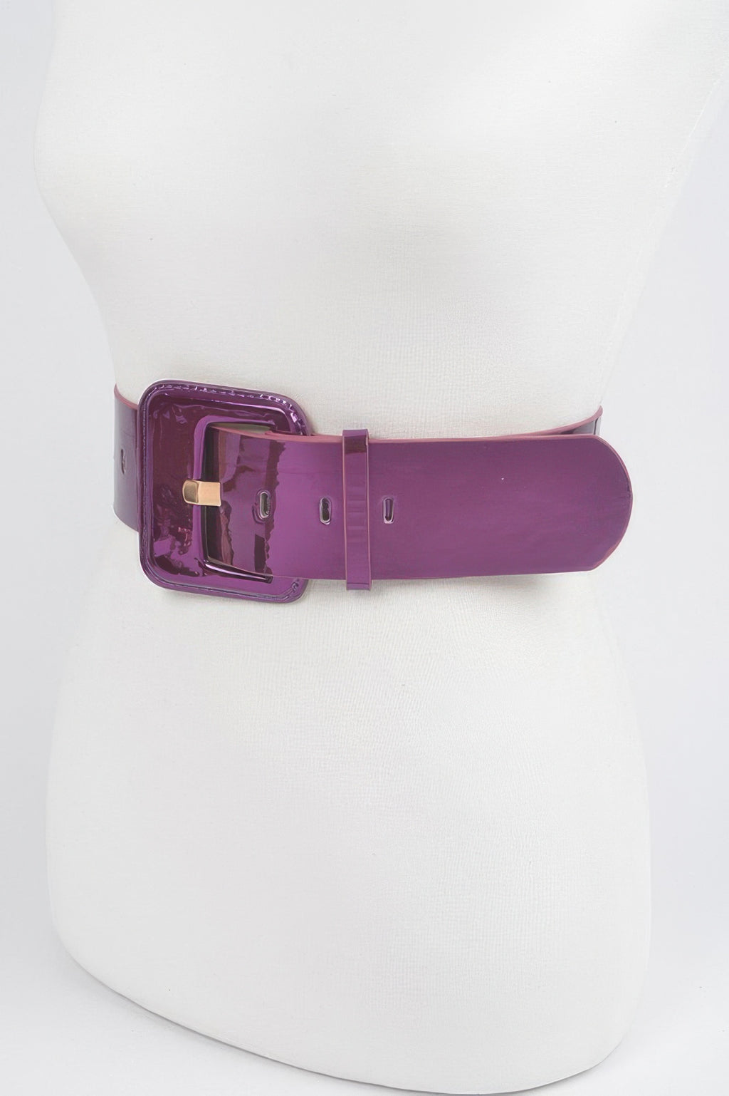 Purple wide PU belt, back view with metal buckle frame and loops