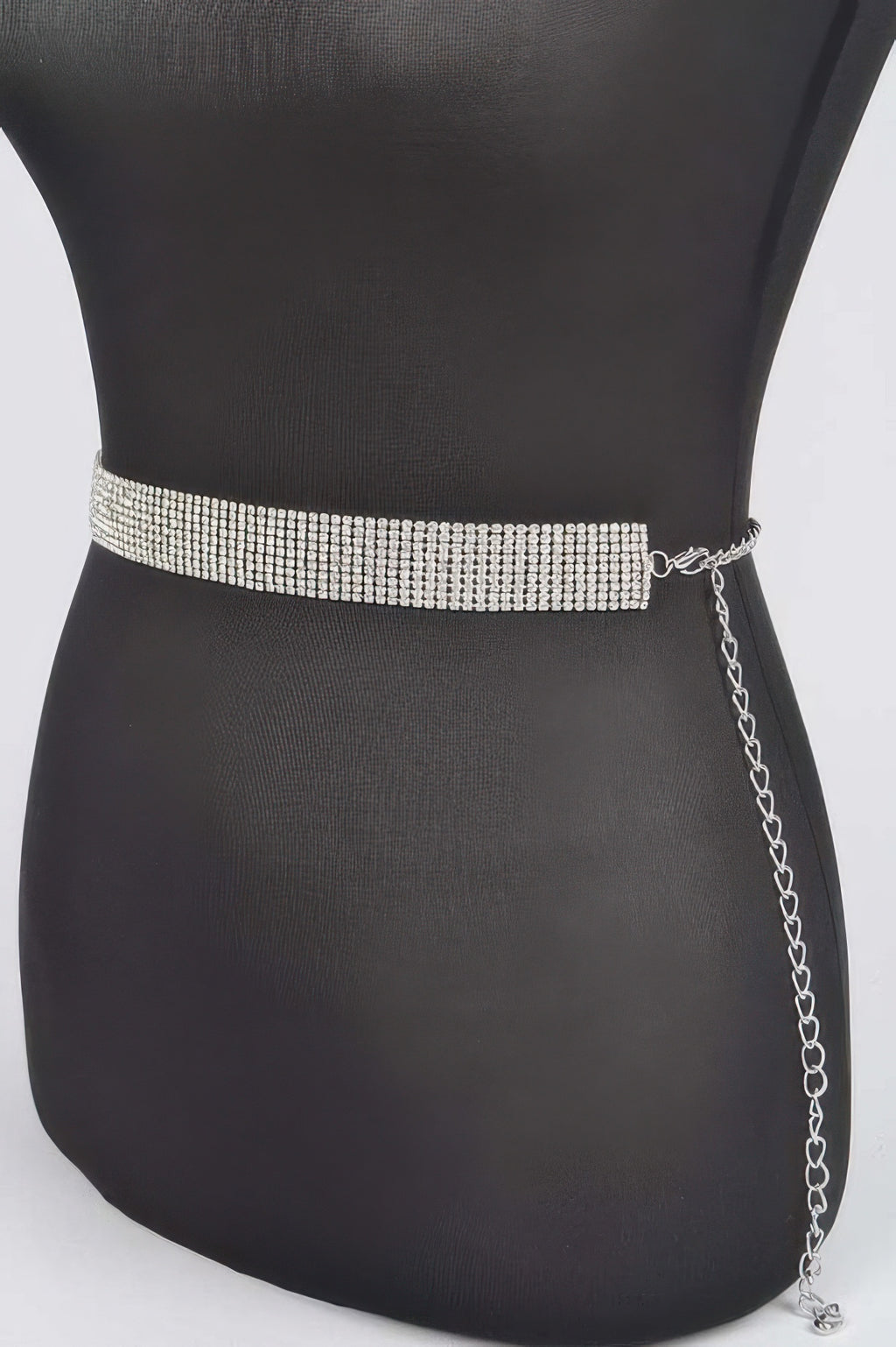 Silver rhinestone waist belt with square clasp and long chain