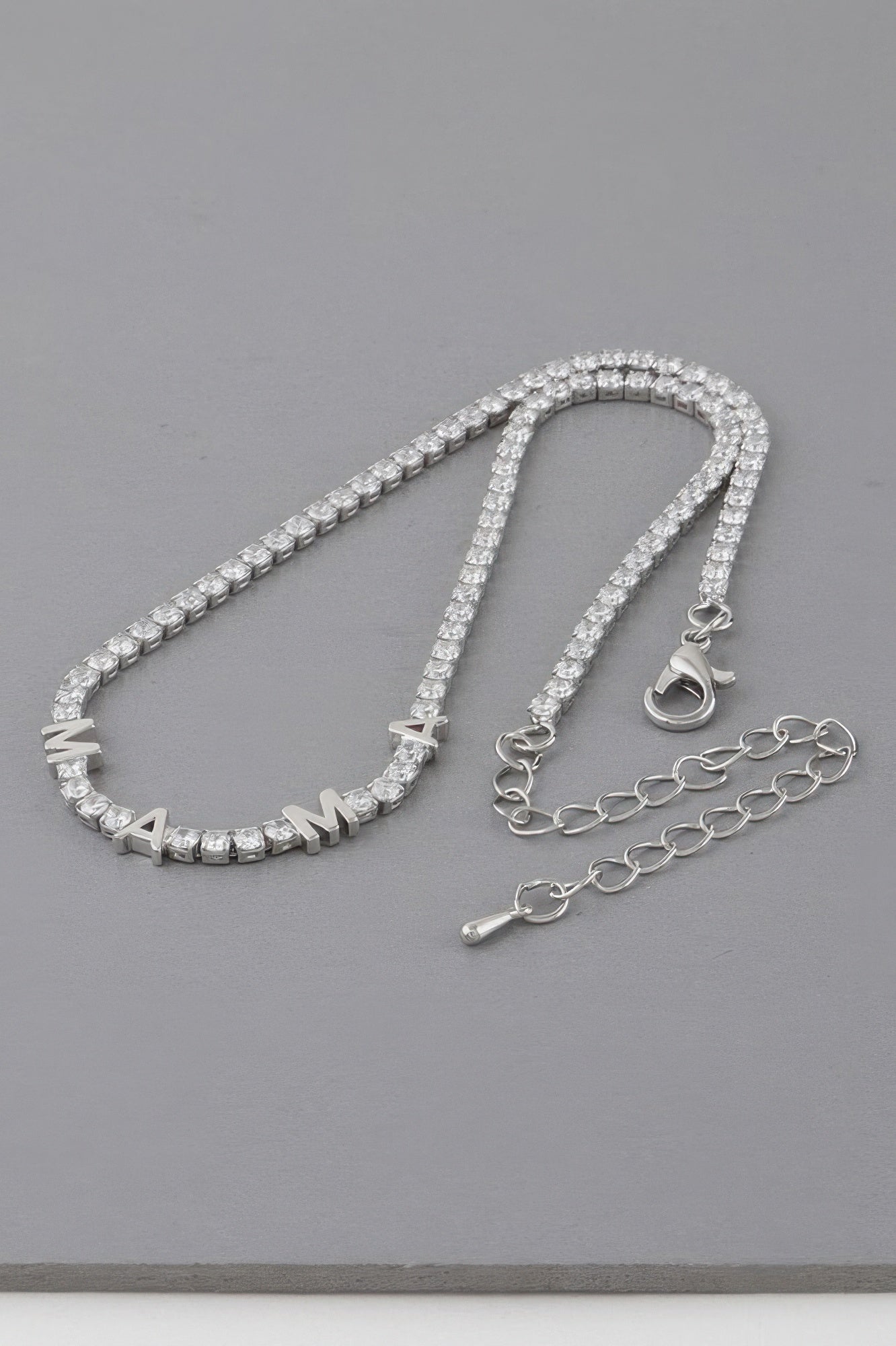 Adjustable silver clear rhinestone necklace with heart clasp and extender chain