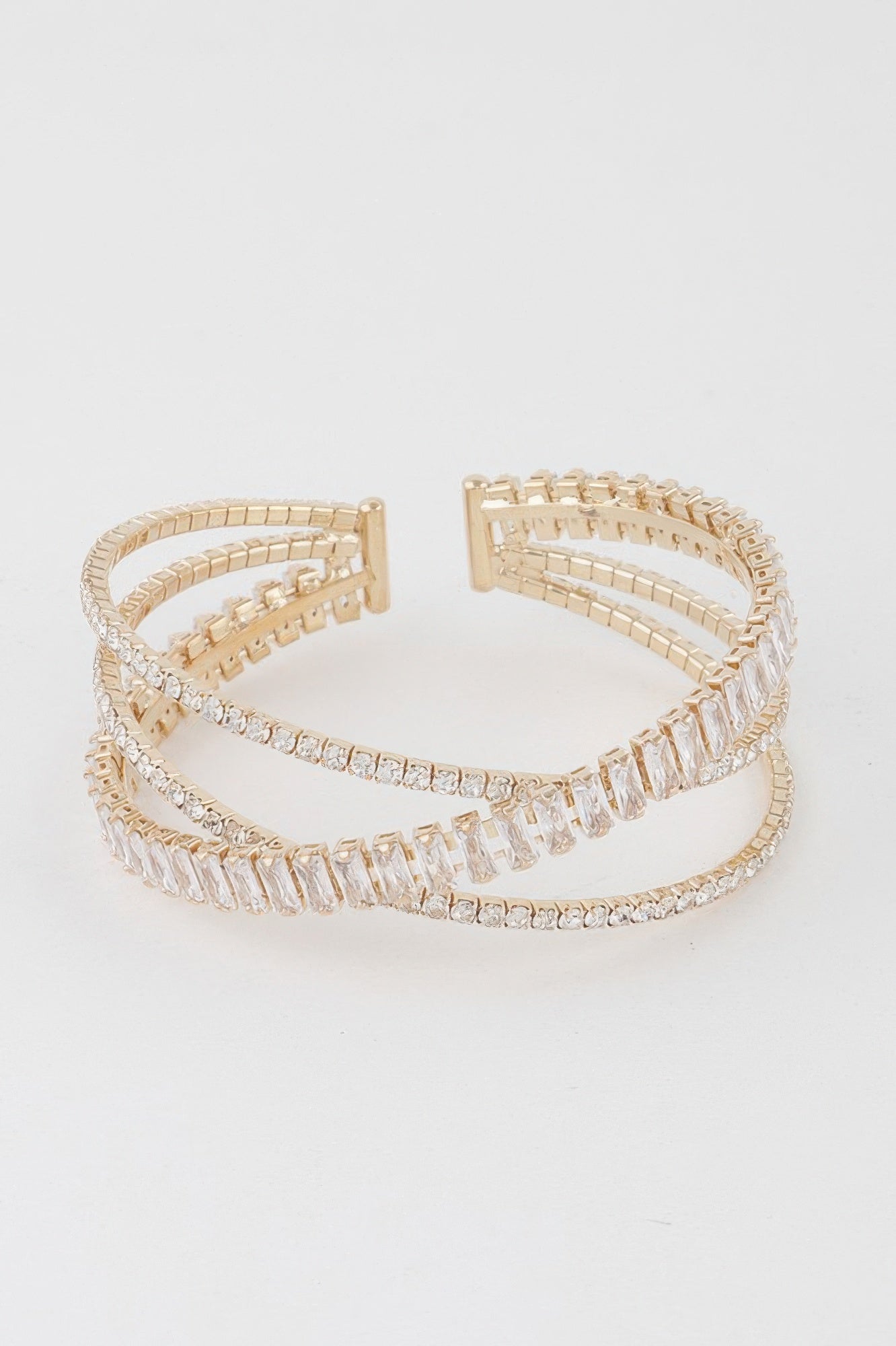 Triple crystal laced cuff bracelet, gold-tone with clear crystals and open cuff