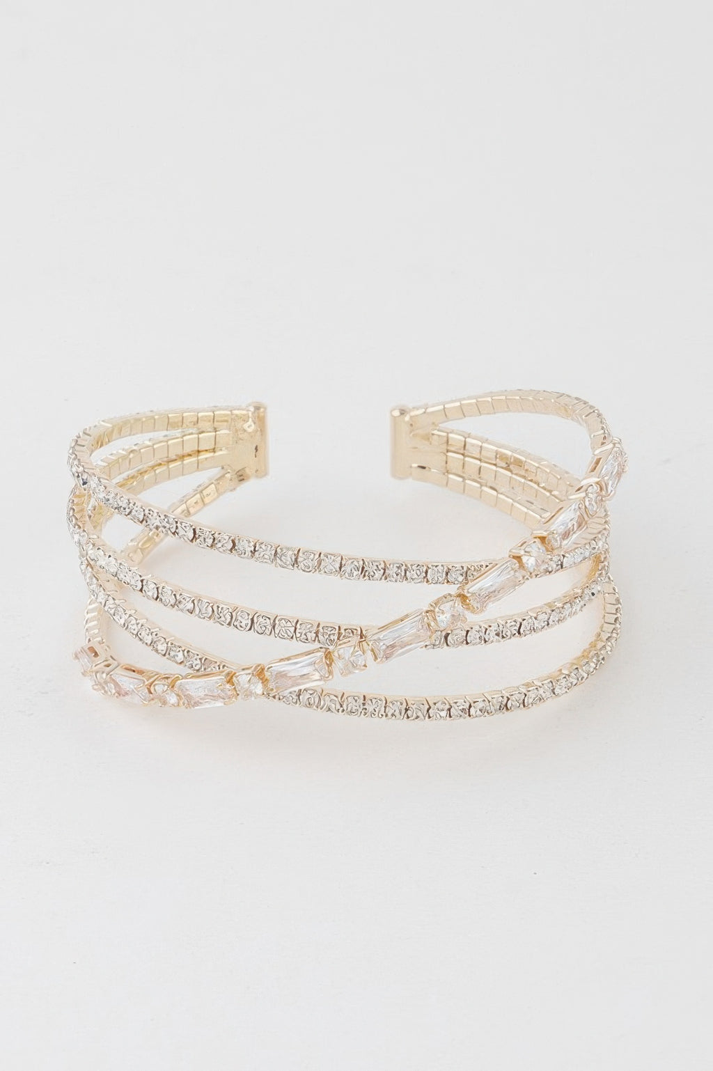 Gold Clear Multi-Crystal lace cuff bracelet, wide layered crystal straps